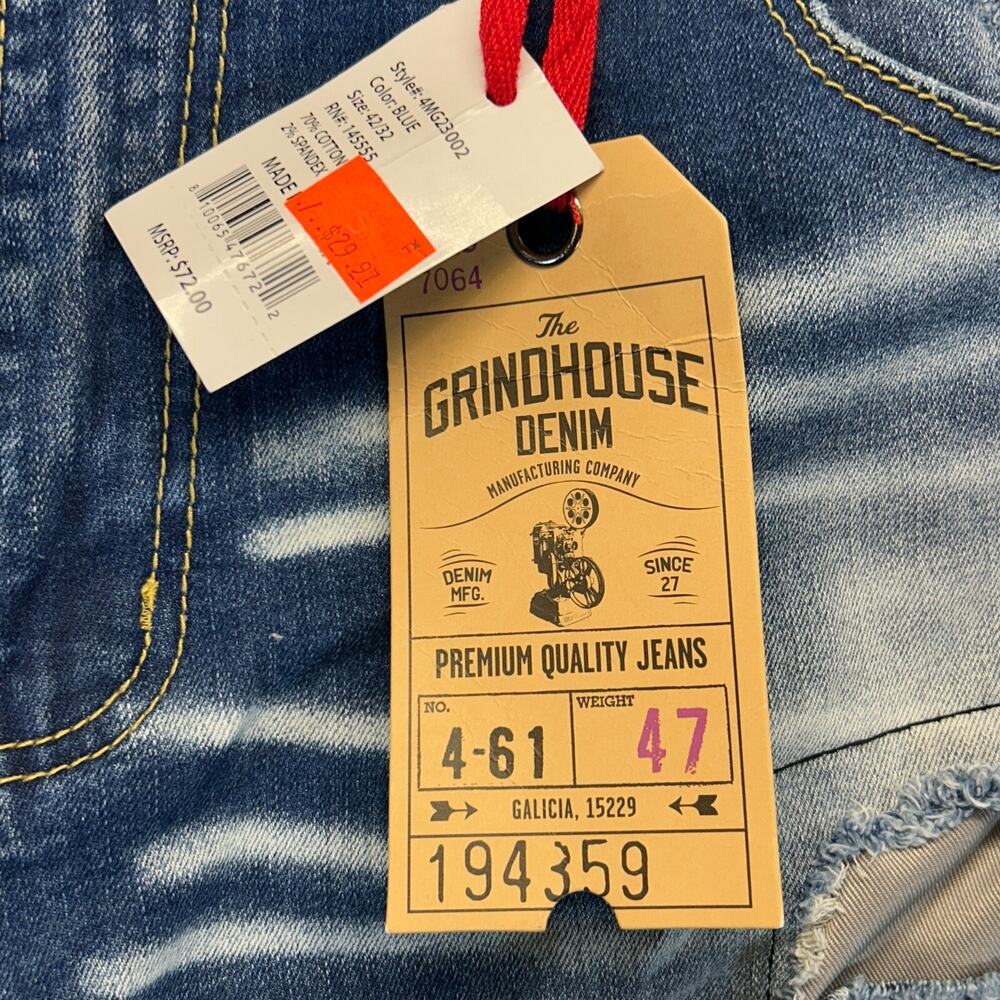 Grindhouse Denim Jeans Men's 42x32 Blue Distressed Patches Whiskers Stretch NEW - Picture 7 of 16